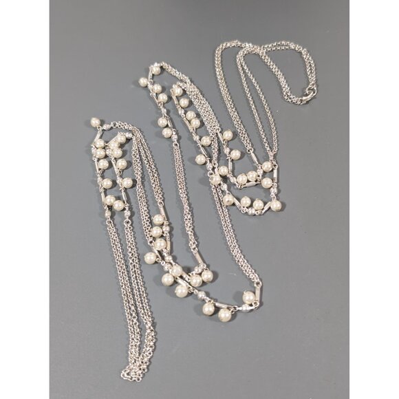 Retro Silver Tone Double Chain Faux Pearl Very Long necklace 64" - Picture 2 of 7
